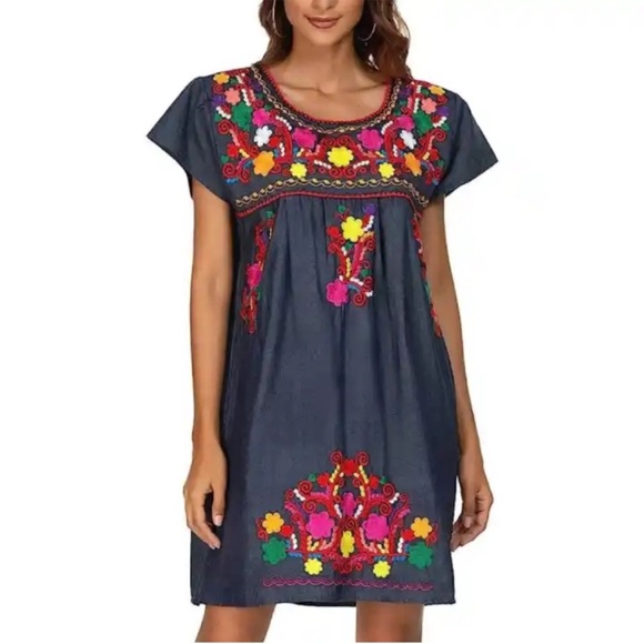 Floral Embroidered Navy chambray style tunic top Dress- Mexico L - Picture 1 of 8